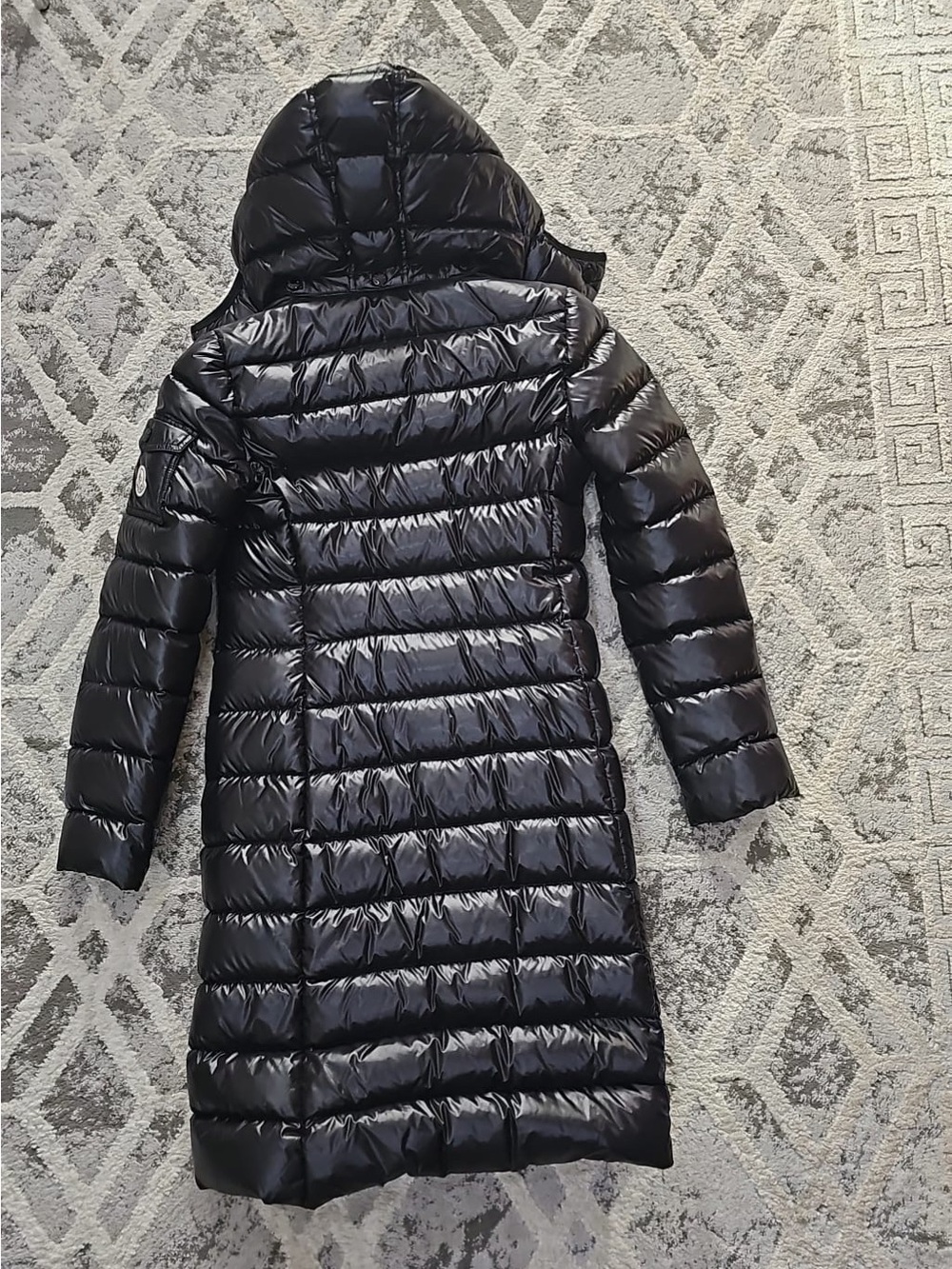Moncler Long Shiny Black Puffer Coat with Hood